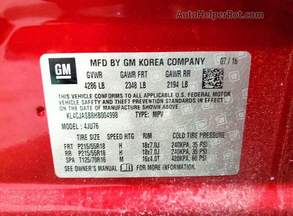 KL4CJASB8HB004998 2017 BUICK ENCORE Red Vista del compartimento del motor