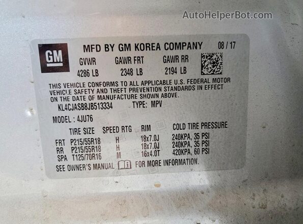 KL4CJASB8JB513334 2018 BUICK ENCORE Gray VIN sticker view