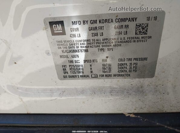 KL4CJASB8KB767966 2019 BUICK ENCORE White Engine compartment view