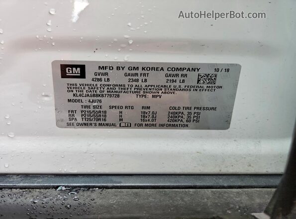 KL4CJASB8KB779728 2019 BUICK ENCORE White VIN sticker view