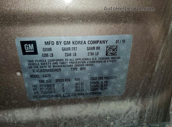 KL4CJASB8KB834629 2019 BUICK ENCORE Tan Widok wnętrza 360 stopni