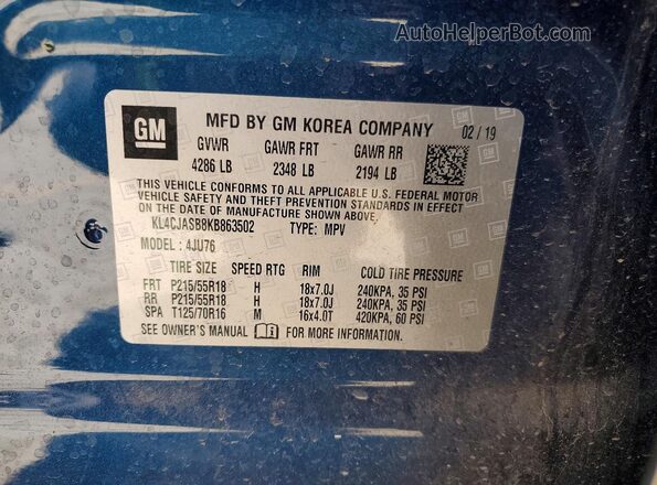 KL4CJASB8KB863502 2019 BUICK ENCORE Blue Вид наклейки з VIN-кодом