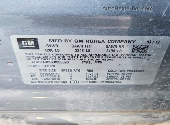 KL4CJASB8KB883393 2019 BUICK ENCORE Gray VIN sticker view
