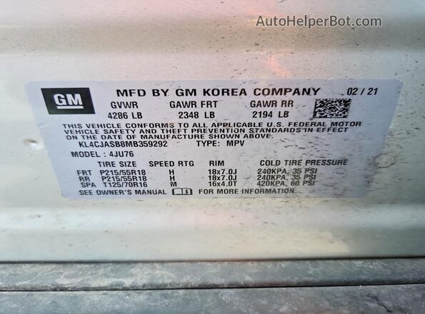KL4CJASB8MB359292 2021 BUICK ENCORE Silver Widok naklejki z numerem VIN