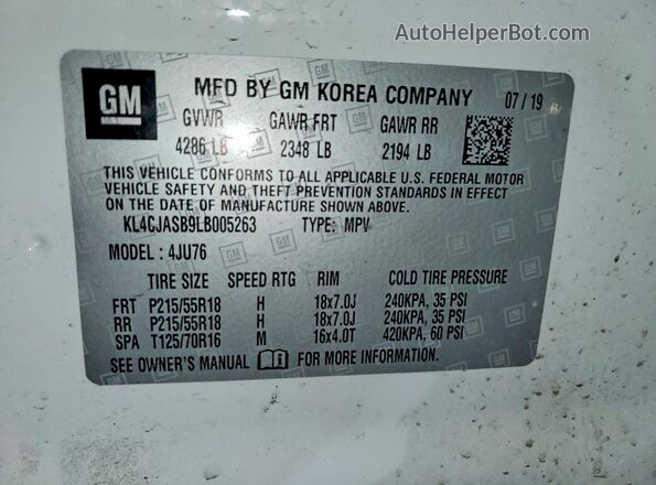 KL4CJASB9LB005263 2020 BUICK ENCORE Белый Вид наклейки с VIN-кодом