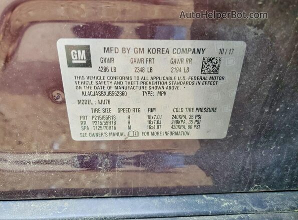 KL4CJASBXJB562860 2018 BUICK ENCORE Purple Widok naklejki z numerem VIN