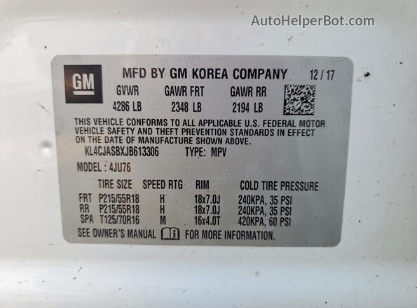 KL4CJASBXJB613306 2018 BUICK ENCORE White VIN კოდის სტიკერის ხედი