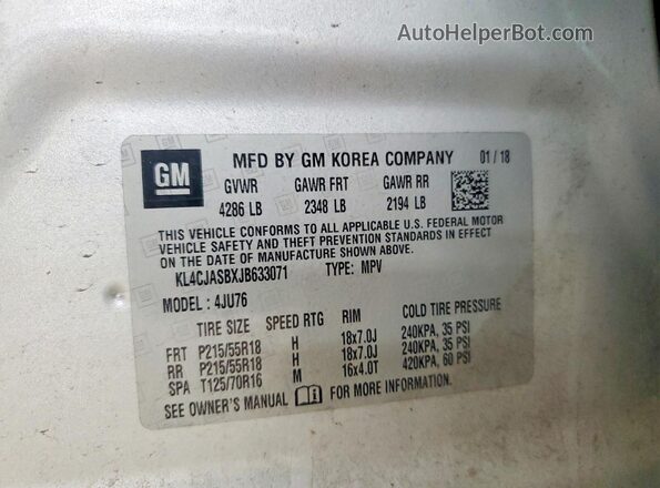 KL4CJASBXJB633071 2018 BUICK ENCORE Silver Շարժիչի բաժամունքի տեսք