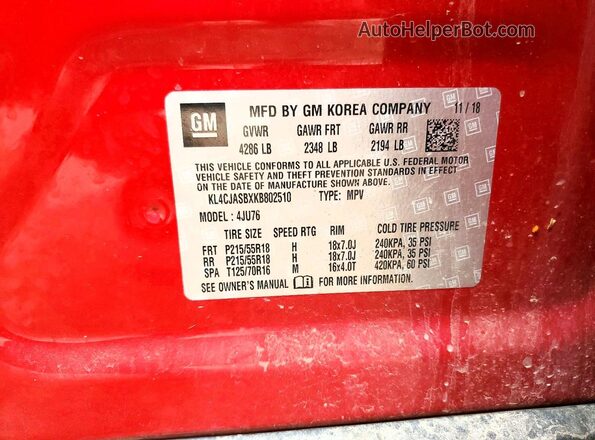 KL4CJASBXKB802510 2019 BUICK ENCORE Red Вид наклейки з VIN-кодом