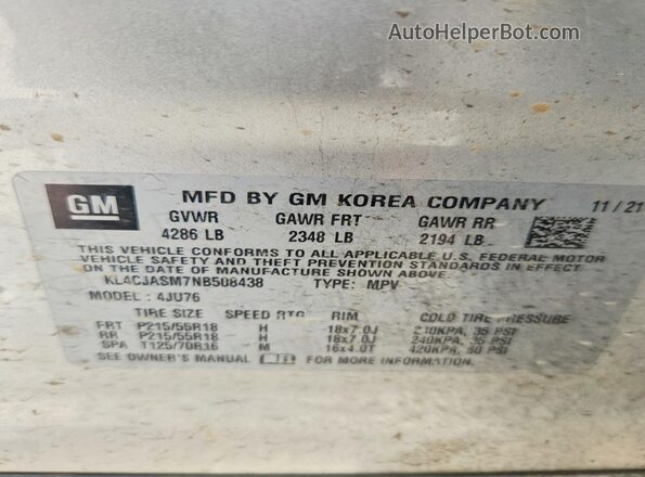 KL4CJASM7NB508438 2022 BUICK ENCORE Silver VIN sticker view