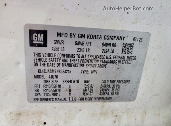 KL4CJASM7NB534215 2022 BUICK ENCORE White Вид підкапотного простору