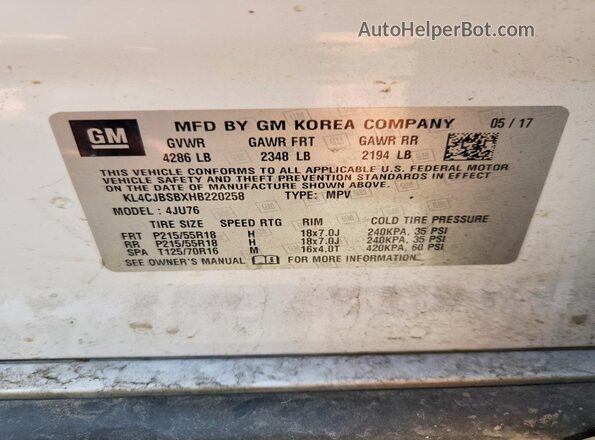 KL4CJBSBXHB220258 2017 BUICK ENCORE White VIN sticker view
