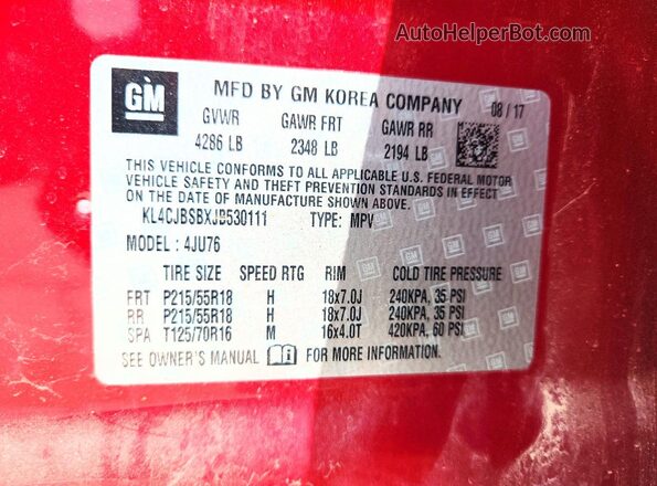 KL4CJBSBXJB530111 2018 BUICK ENCORE Red VIN კოდის სტიკერის ხედი
