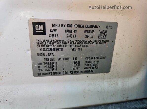 KL4CJCSB0GB538734 2016 BUICK ENCORE White Вид наклейки з VIN-кодом