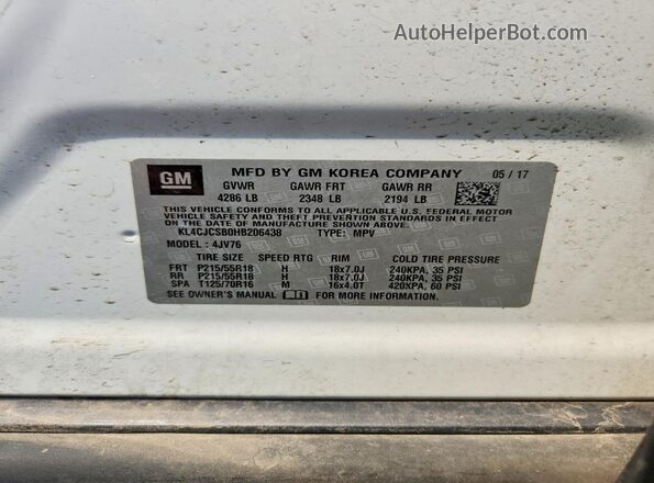KL4CJCSB0HB206438 2017 BUICK ENCORE White Вид наклейки з VIN-кодом