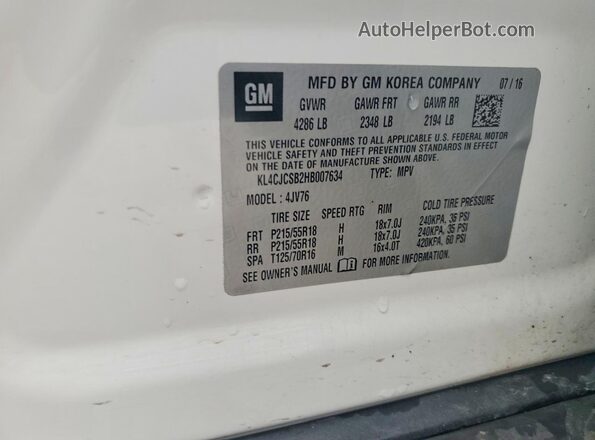 KL4CJCSB2HB007634 2017 BUICK ENCORE White Вид наклейки з VIN-кодом