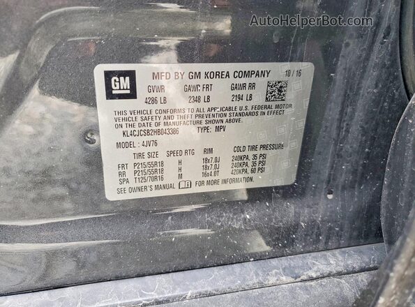 KL4CJCSB2HB043386 2017 BUICK ENCORE Gray VIN კოდის სტიკერის ხედი