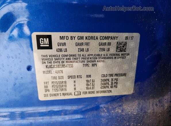KL4CJCSB2JB547233 2018 BUICK ENCORE Blue VIN sticker view