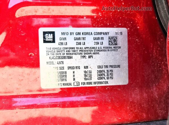 KL4CJCSB3GB578564 2016 BUICK ENCORE Red Widok naklejki z numerem VIN