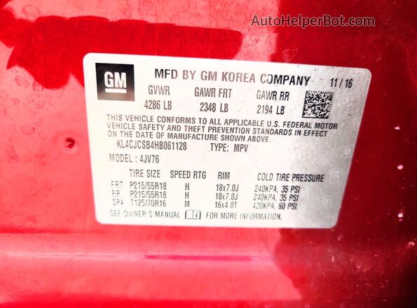 KL4CJCSB4HB061128 2017 BUICK ENCORE Red VIN sticker view