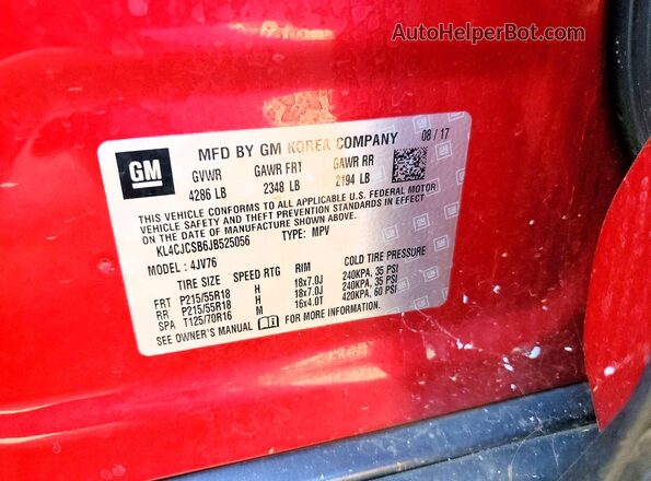 KL4CJCSB6JB525056 2018 BUICK ENCORE Red სალონის 360-გრადუსიანი ხედი