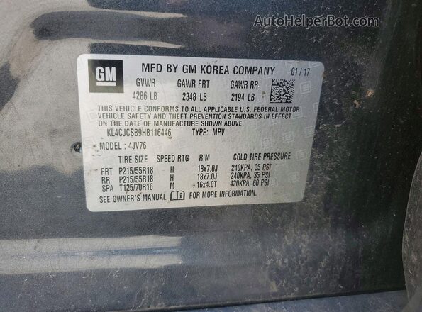 KL4CJCSB9HB116446 2017 BUICK ENCORE Gray VIN კოდის სტიკერის ხედი
