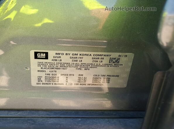 KL4CJCSM7KB911827 2019 BUICK ENCORE Gray Вид наклейки з VIN-кодом
