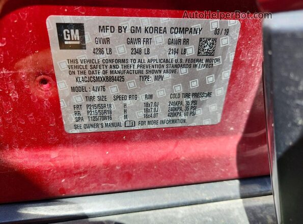 KL4CJCSMXKB894425 2019 BUICK ENCORE Burgundy Շարժիչի բաժամունքի տեսք