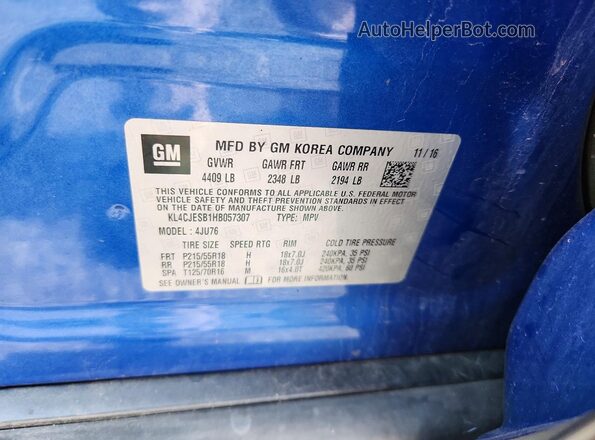 KL4CJESB1HB057307 2017 BUICK ENCORE Синий Вид наклейки с VIN-кодом
