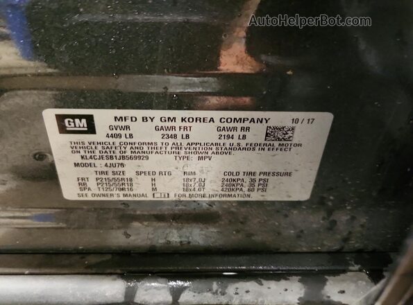 KL4CJESB1JB569929 2018 BUICK ENCORE Gray Вид наклейки з VIN-кодом
