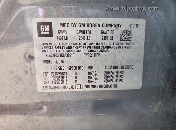 KL4CJESB1KB832616 2019 BUICK ENCORE Gray Vista de la etiqueta del VIN