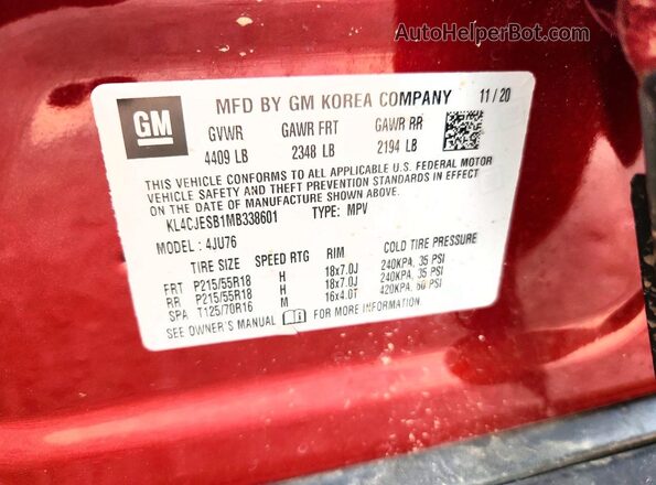 KL4CJESB1MB338601 2021 BUICK ENCORE Burgundy VIN კოდის სტიკერის ხედი