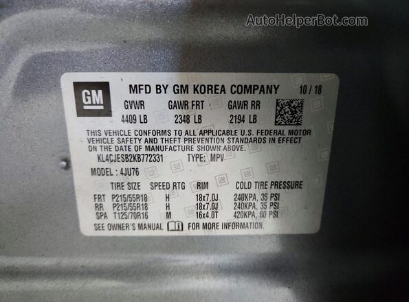 KL4CJESB2KB772331 2019 BUICK ENCORE Gray Вид наклейки з VIN-кодом