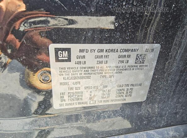 KL4CJESB2KB892002 2019 BUICK ENCORE Black Vista de la etiqueta del VIN