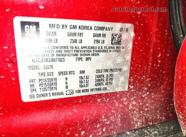 KL4CJESB3JB671023 2018 BUICK ENCORE Красный Вид наклейки с VIN-кодом
