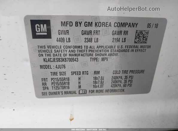 KL4CJESB3KB700943 2019 BUICK ENCORE White Engine compartment view