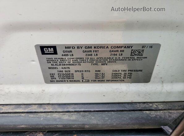 KL4CJESB4HB003175 2017 BUICK ENCORE White VIN կոդի պիտակի տեսք