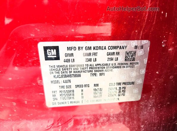 KL4CJESB4KB756566 2019 BUICK ENCORE Maroon Вид наклейки з VIN-кодом