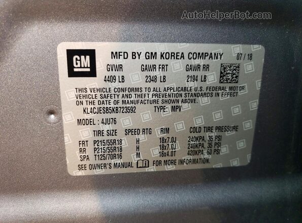 KL4CJESB5KB723592 2019 BUICK ENCORE Gray Widok naklejki z numerem VIN