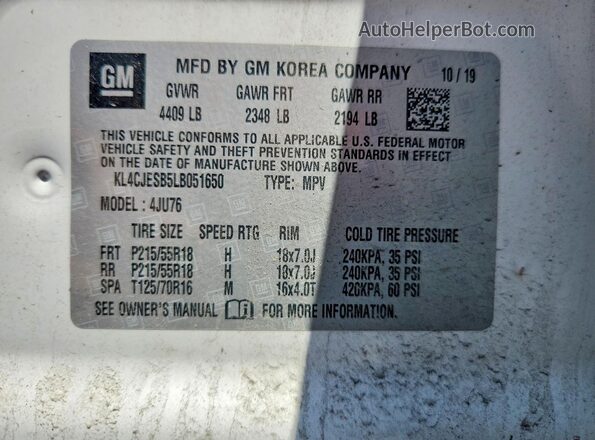 KL4CJESB5LB051650 2020 BUICK ENCORE Белый Вид наклейки с VIN-кодом