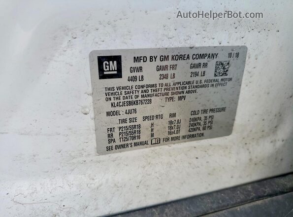 KL4CJESB6KB767228 2019 BUICK ENCORE White VIN sticker view