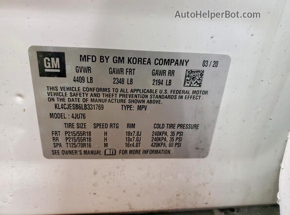 KL4CJESB6LB331769 2020 BUICK ENCORE White VIN կոդի պիտակի տեսք
