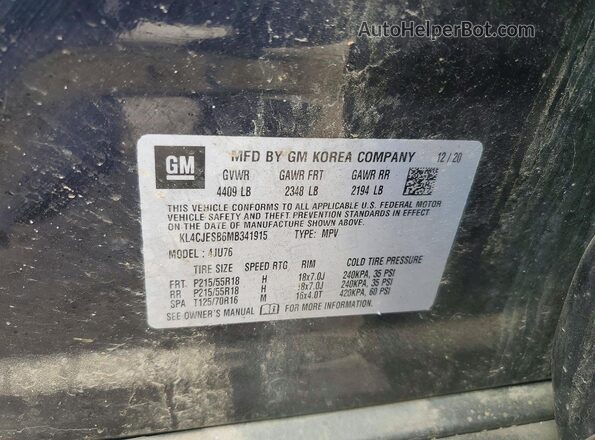 KL4CJESB6MB341915 2021 BUICK ENCORE Black VIN კოდის სტიკერის ხედი
