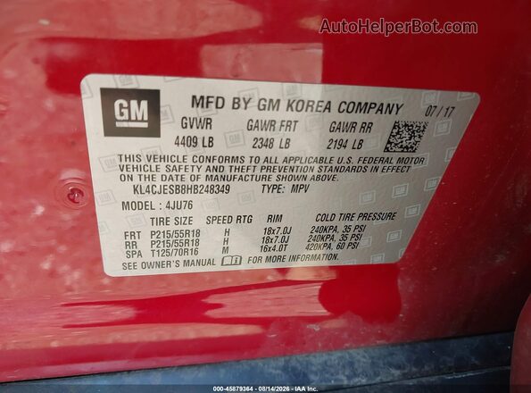 KL4CJESB8HB248349 2017 BUICK ENCORE Red Вид підкапотного простору