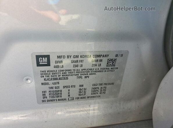 KL4CJESB8LB023535 2020 BUICK ENCORE Silver VIN sticker view