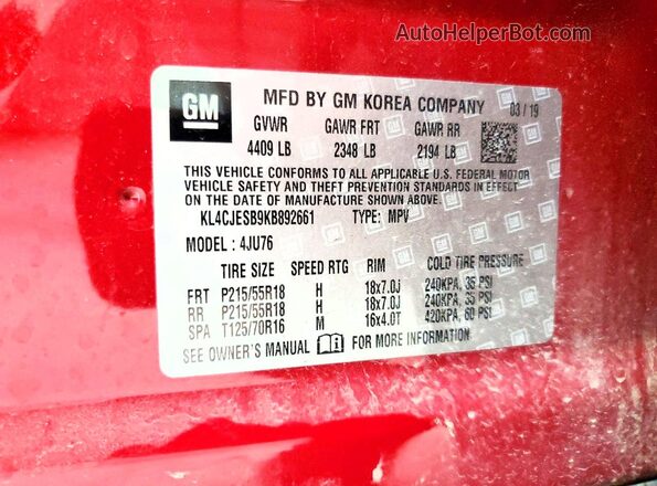 KL4CJESB9KB892661 2019 BUICK ENCORE Red Vista de la etiqueta del VIN