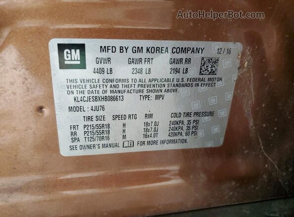 KL4CJESBXHB086613 2017 BUICK ENCORE Tan VIN კოდის სტიკერის ხედი