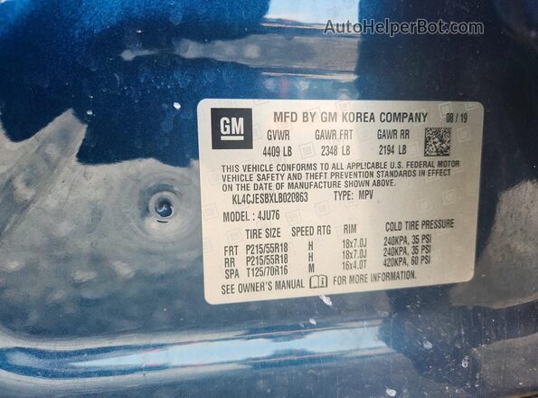 KL4CJESBXLB020863 2020 BUICK ENCORE Blue Widok naklejki z numerem VIN