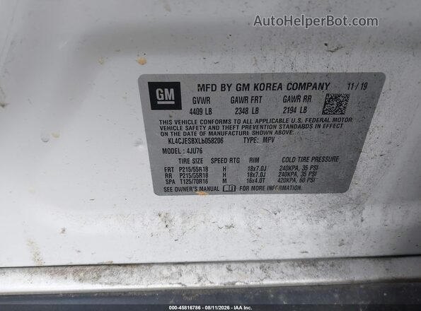 KL4CJESBXLB058206 2020 BUICK ENCORE White ძრავის განყოფილების ხედი