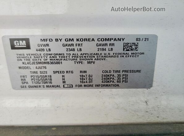 KL4CJESM0MB365001 2021 BUICK ENCORE White 360 interior view